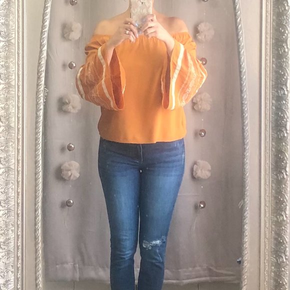Pumpkin Orange Off-Shoulder Shirt - Picture 3 of 5
